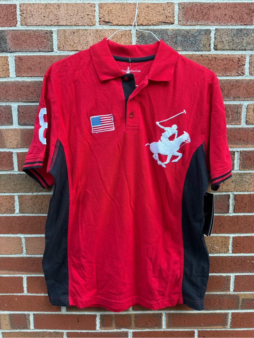 Beverly Hills Polo Club Men’s Medium Red Black Big Pony Polo Shirt NWT
